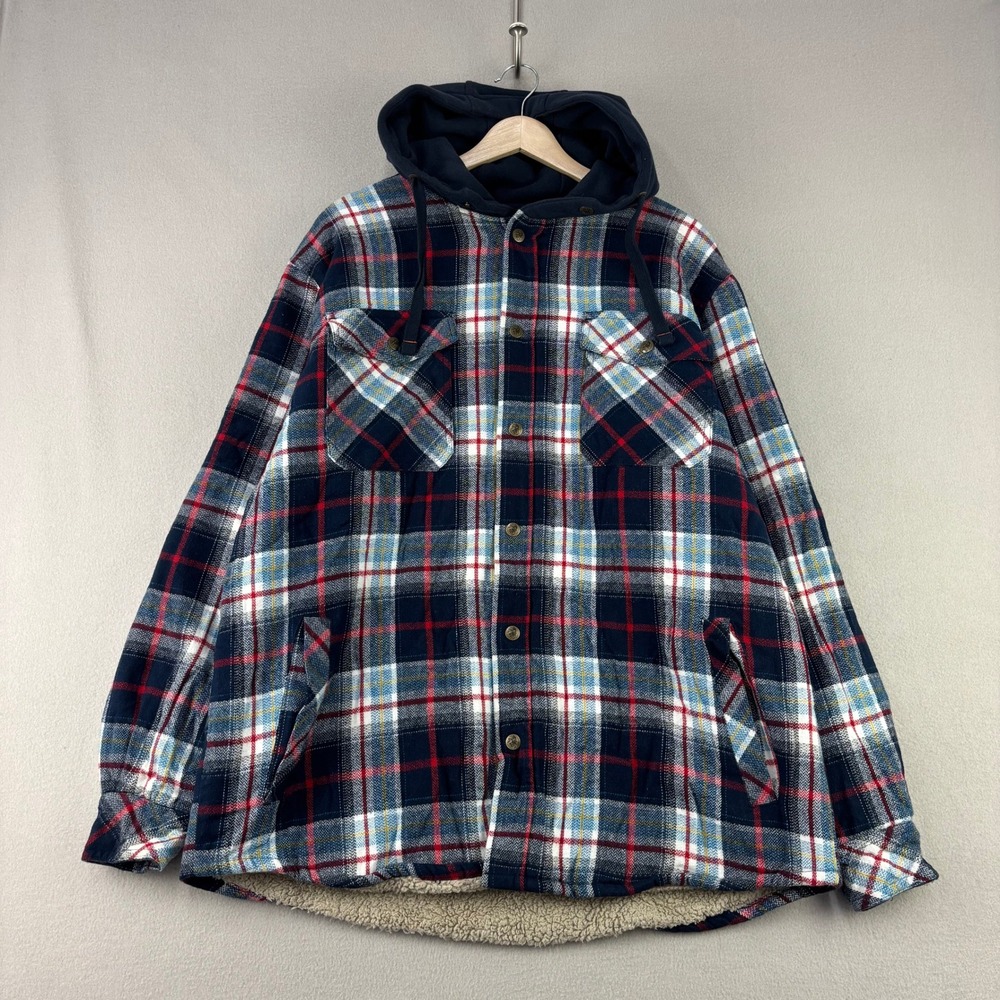 Legendary Whitetails Plaid Shirt Jacket Mens XL Blue Sherpa Lined Hooded Flannel